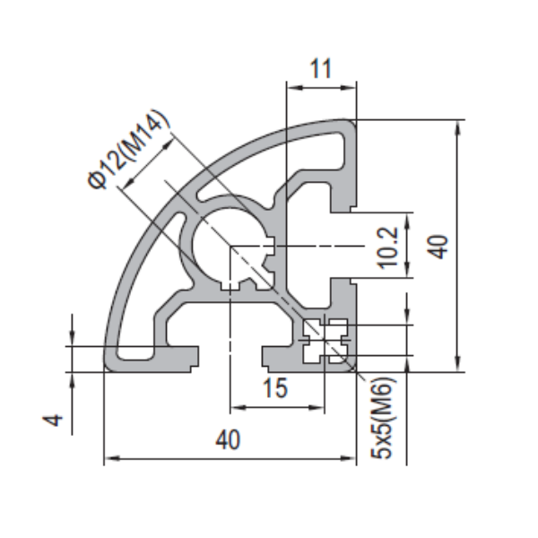 Aluminium Profile PG40 40x40 R90 - 2 Slots